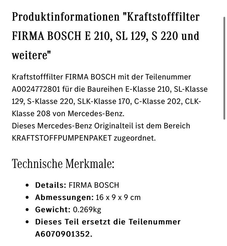 Kraftstofffilter Mercedes Benz A0024772801 E210 SL129 S220 in Düsseldorf