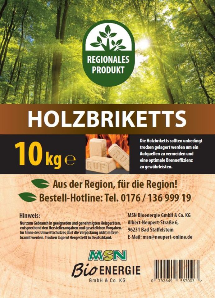 Holzbriketts 10 Kg hergestellt in Kaider/Bad Staffelstein in Bad Staffelstein