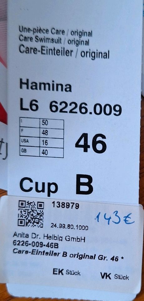 Neu Anita Badeanzug  mit Etikett Größe 46  Cup B in Bremerhaven