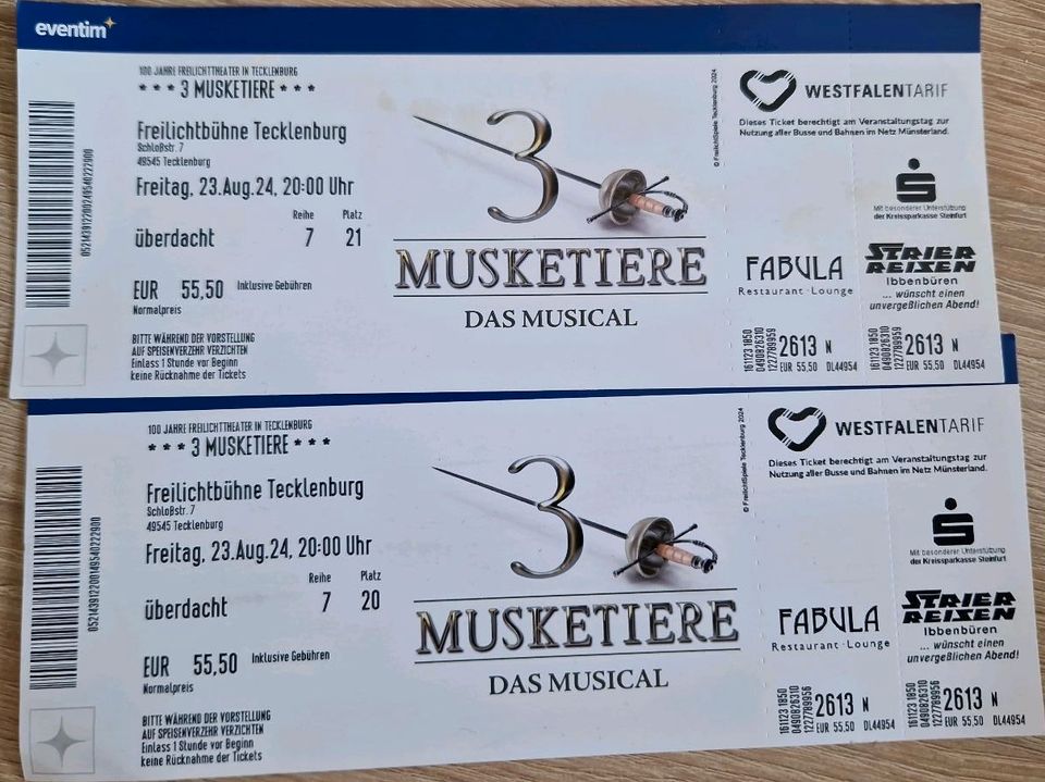 2 Tickets Musical "3 Musketiere" Tecklenburg am 23.08.2024 in Ludwigshafen