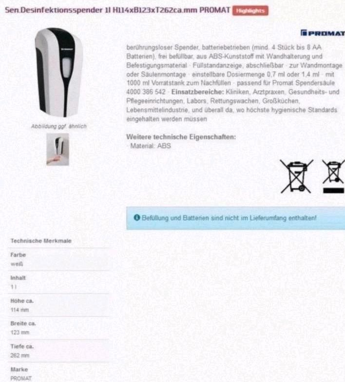 Promat Automatik Flüssigkeit Desinfektions Seifenspender Spender in Frankfurt am Main