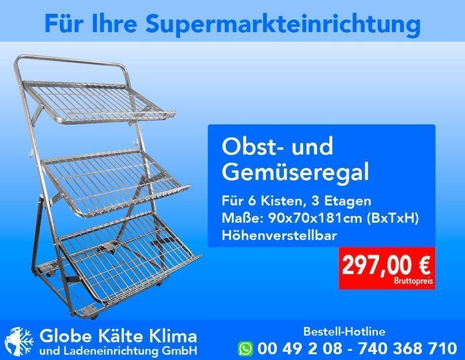 Obstregal, Gemüseregal, für 6 Kisten, Bioladen, Kioskeinrichtung, Lebensmittelgeschäft, Supermarkteinrichtung in Mülheim (Ruhr)