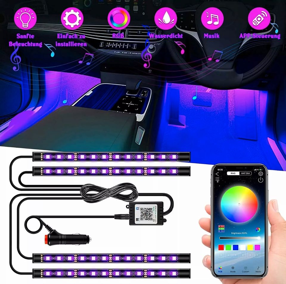 4x RGB LED Ambientebeleuchtung Auto Innenbeleuchtung Auto Fußraum