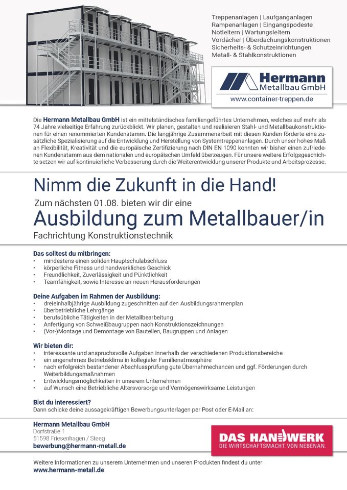 Ausbildung zum Metallbauer (m/w/d) in Friesenhagen
