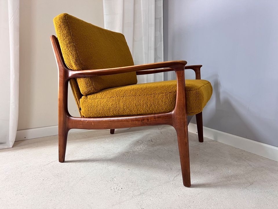 Eugen Schmidt Organic Easy Chair Armlehnsessel Vollholz neu gepolstert curry senf gelb 60er Jahre Designersessel Mid Century Design Vintage Wohnzimmer in Berlin