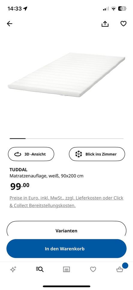 Ikea Tuddal Matratzenauflage 90x200m in Wiesbaden
