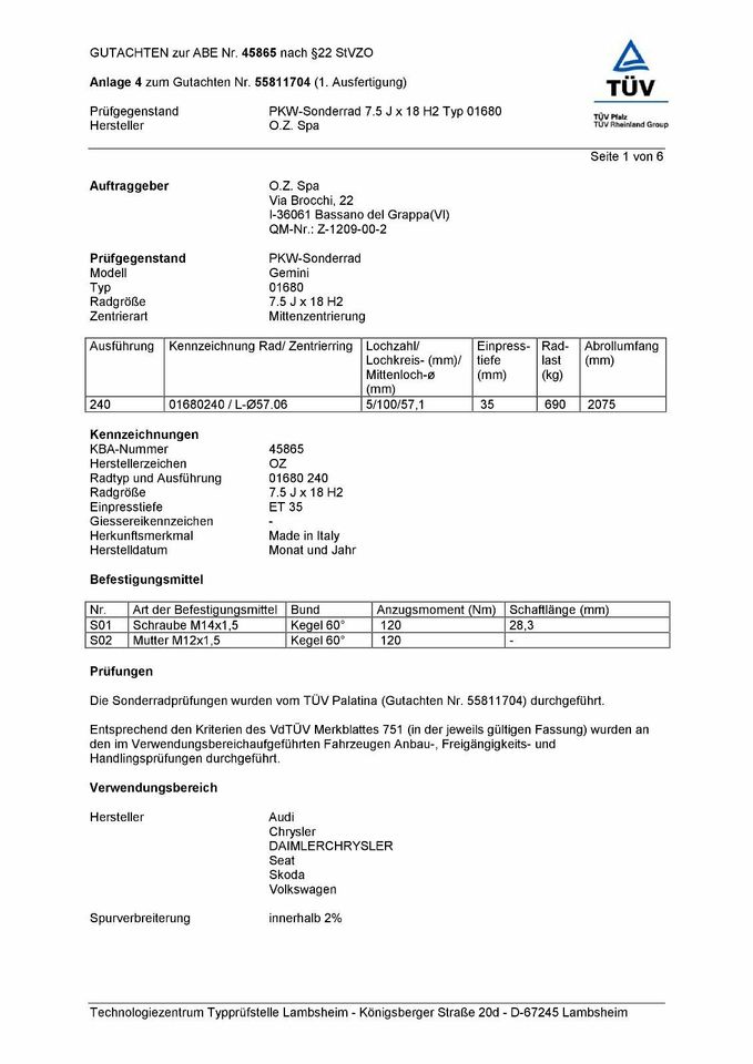 Alufelgensatz OZ Gemini VW / Audi / Seat / Skoda 18 Zoll ABE in Trieb