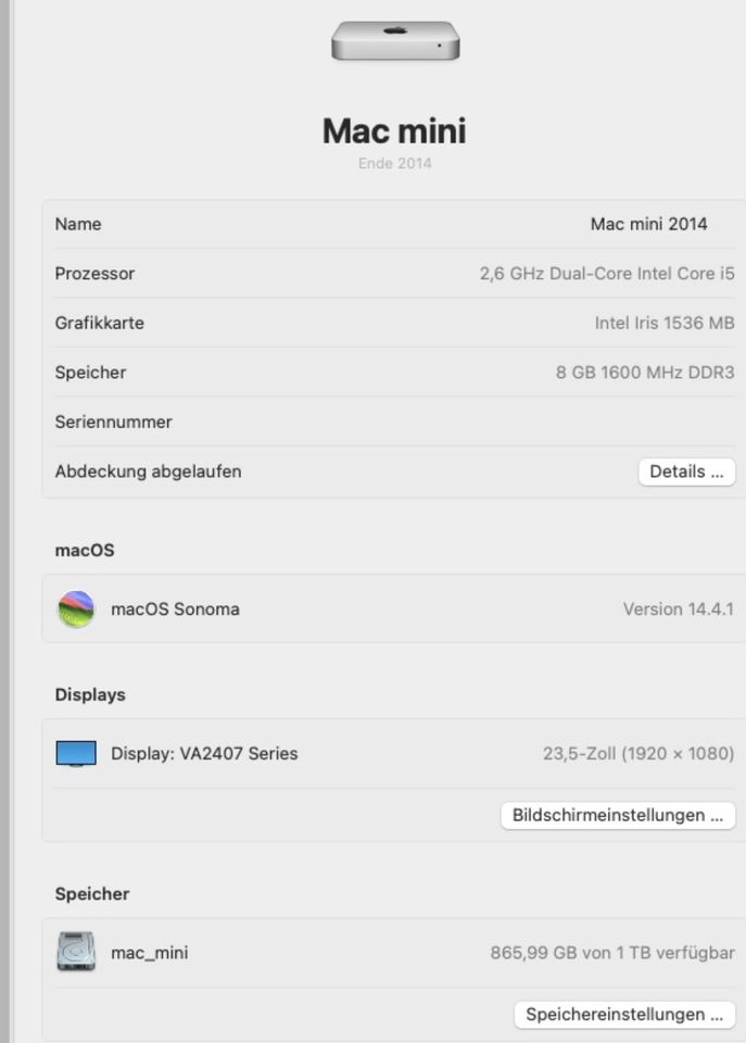 Verkaufe Mac mini 2014 mit 8 GB Speicher und 1 TB SSD-Laufwerk in Frankfurt am Main