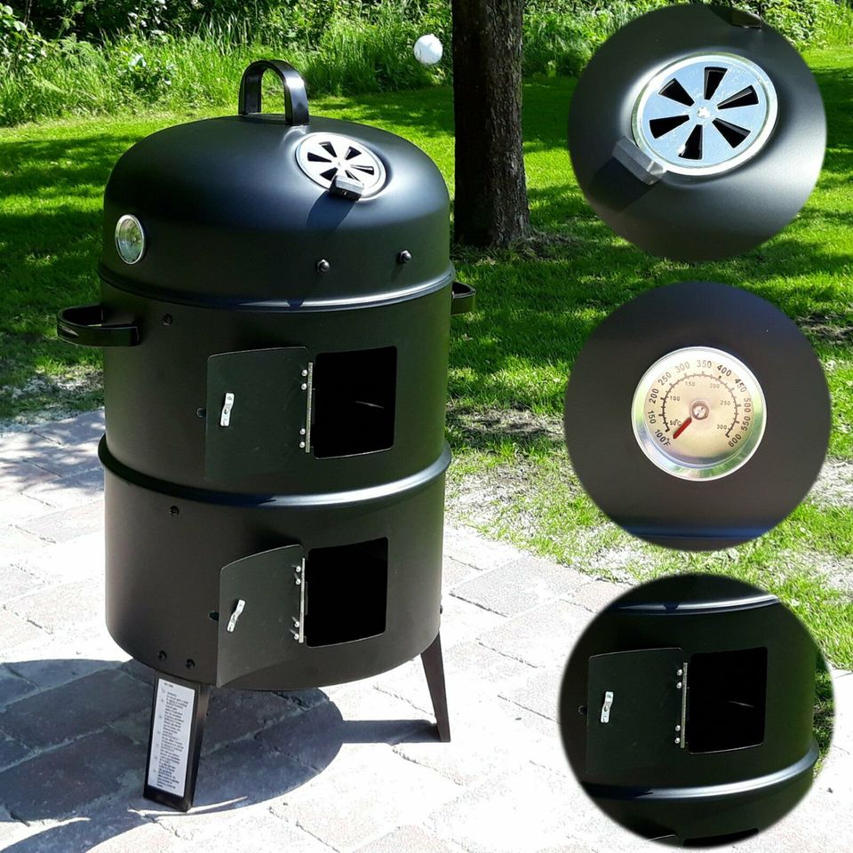 3 in 1 Smoker Kohlegrill BBQ Holz Kohle Grill Räucher Tonne Ofen in Hage