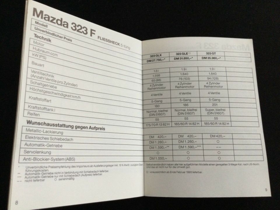 Mazda Prospekt Preisliste Ausstattung 1993 E2000 2200 121 323 626 in Kiel