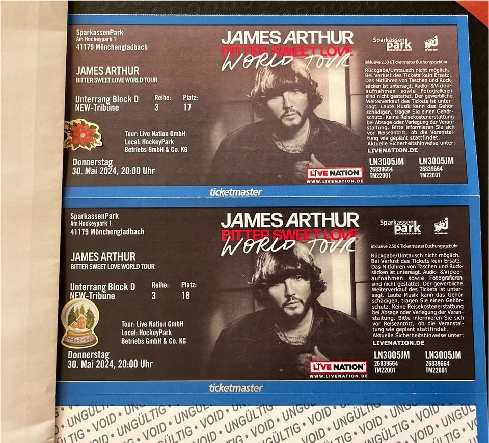 2 James Arthur Tickets, 30.05. Mönchengladbach in Essen