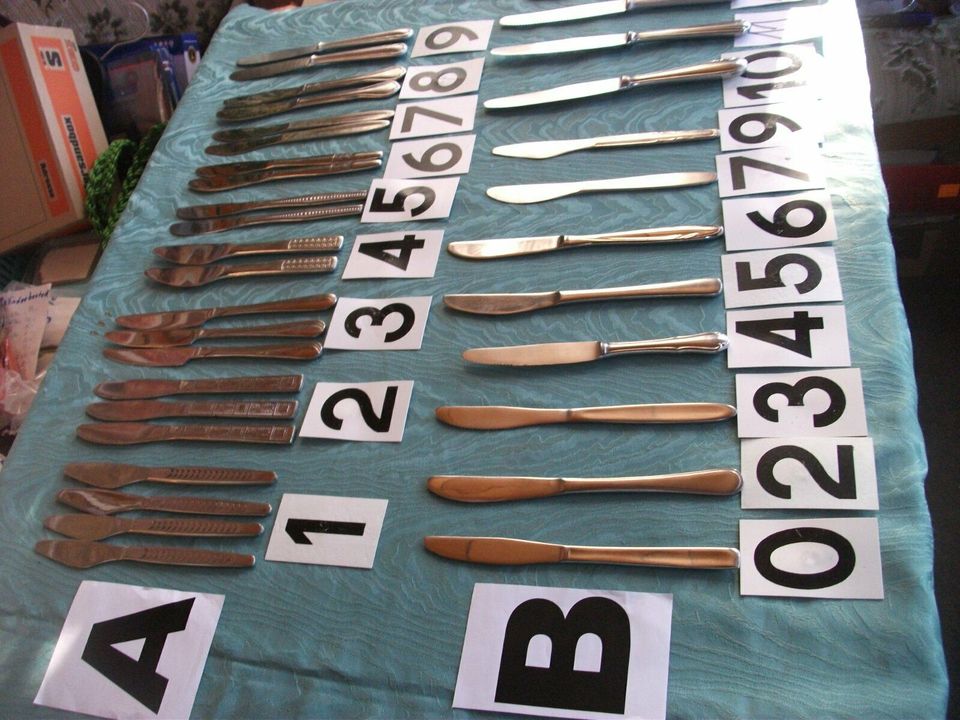 Ergänzungsbesteck, Messer, Buchstabe A und B, 34 Teile, Metall in Torgelow