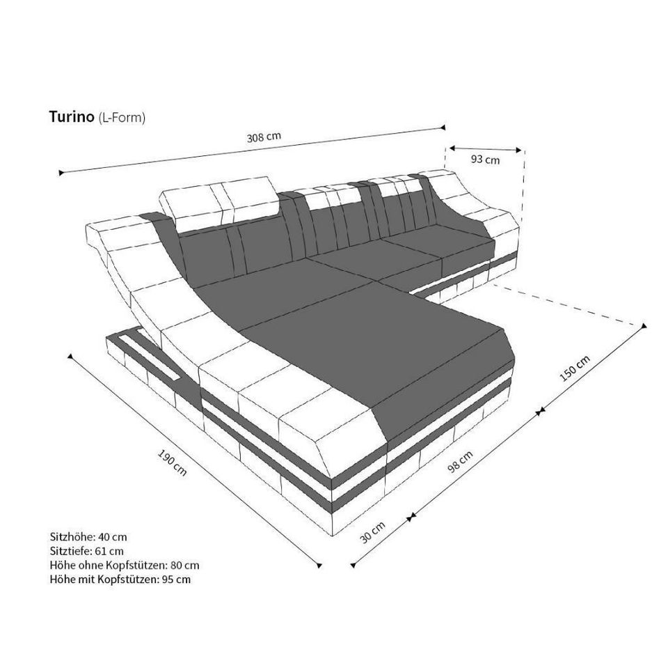 Sofa Turino L Leder Couch als modernes Ecksofa mit LED Licht in Berlin