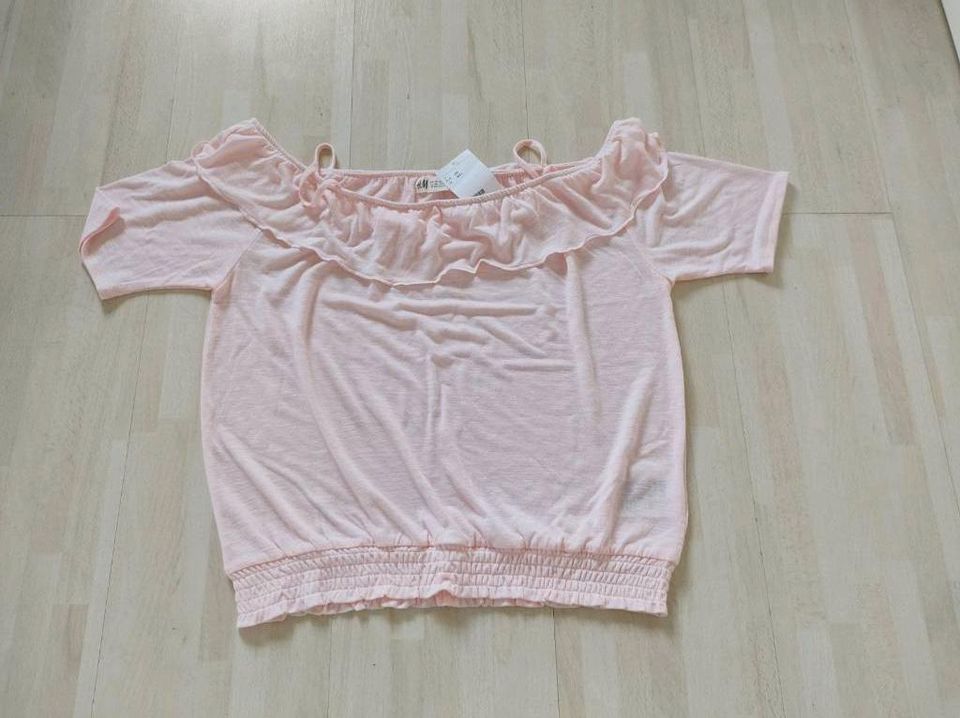 H&M: schulterfreies T-Shirt in rosa, Größe 170, neu mit Etikett in Haan