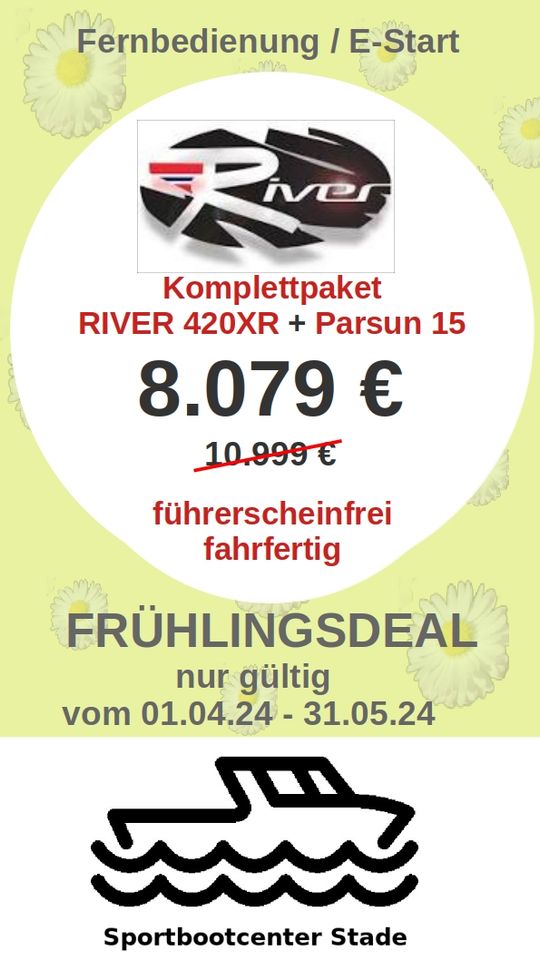 Komplettpaket PE Konsolenboot River 420XR mit Aussenborder Parsun 15PS EFI  NEU führerscheinfrei in Stade