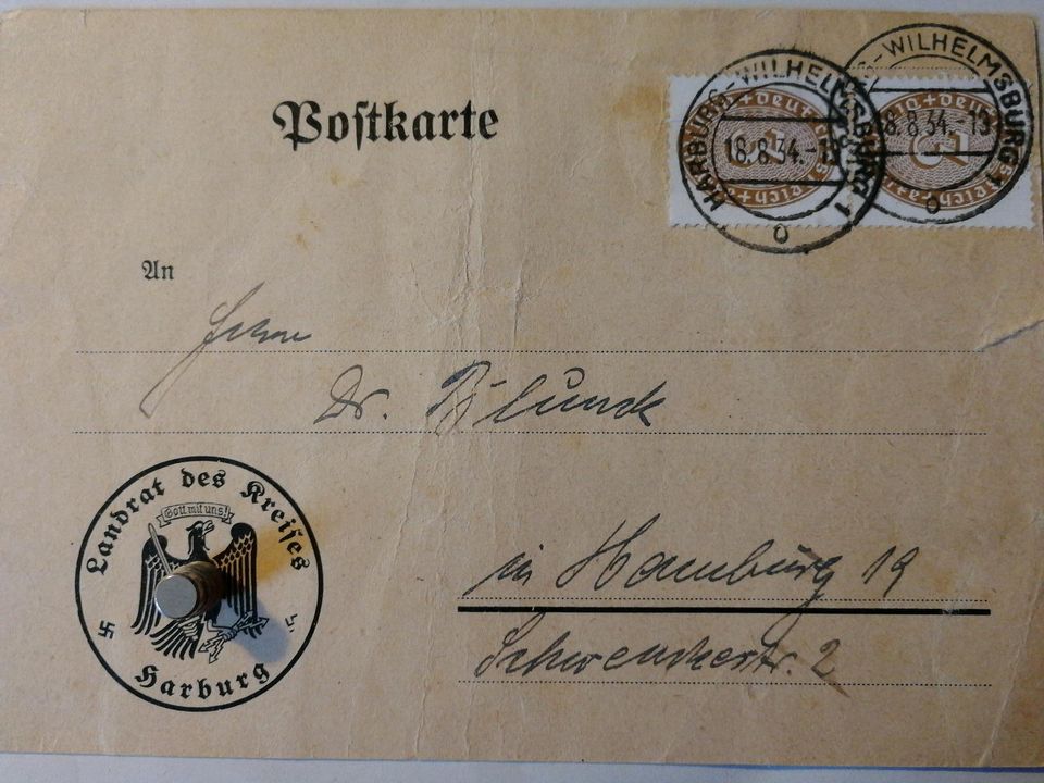 Postkarte v. 1934 Landrat des Kreises Harburg in Hanstedt