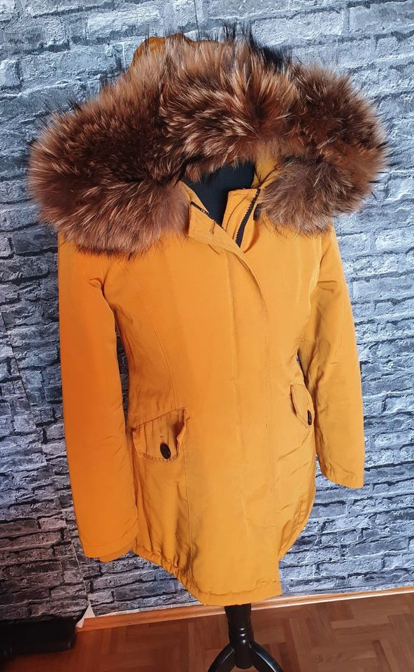 Jacke Attentif Parka Echtfell Pelz Mantel ocker gelb 34 36 Fuchs in Hof (Saale)