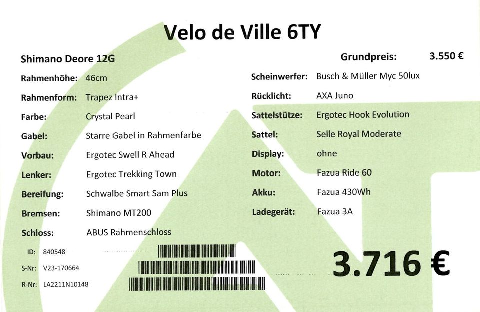 Velo de Ville 6TY Trapez Fazua 430Wh 12G Deore Kettenschaltung in Essen