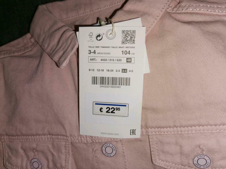 NEU Rosa "Zara" Basic Uni einfarbige Jeans Jacke Übergang in 104 in Würzburg