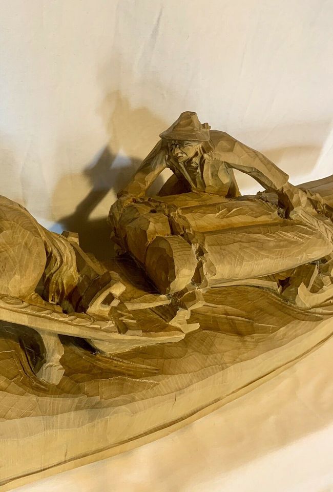 Holzfigur Skulptur Holzfäller Waldarbeiter Pferd handgeschnitzt in Willich