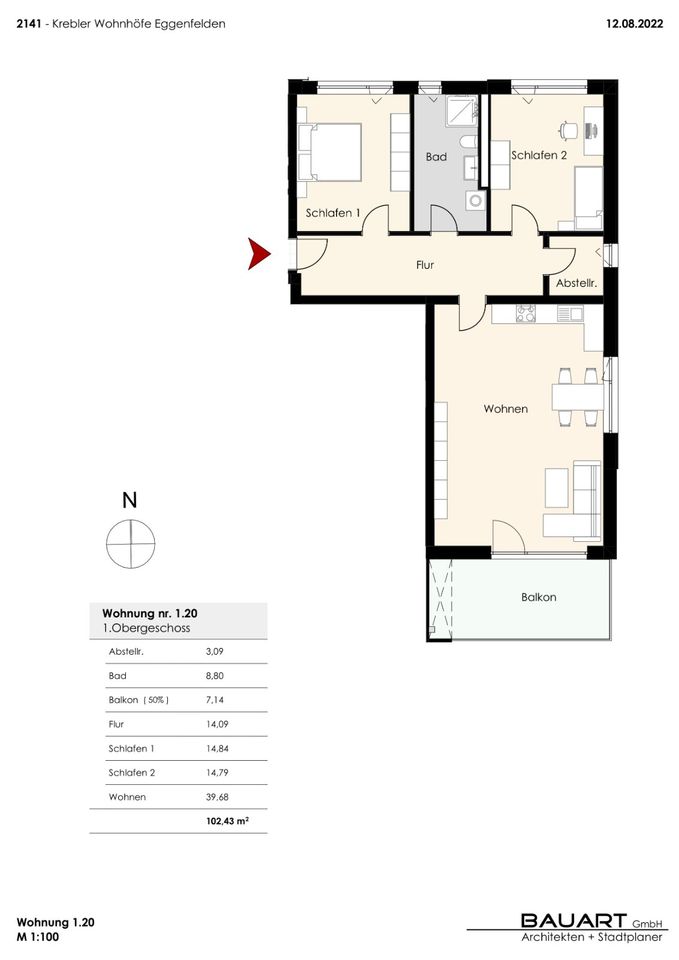 Neubau: 3-Zimmer Wohnung im 1.OG mit hochwertiger Küche und großem Balkon ( Ref.Nr. 1.20 ) in Eggenfelden