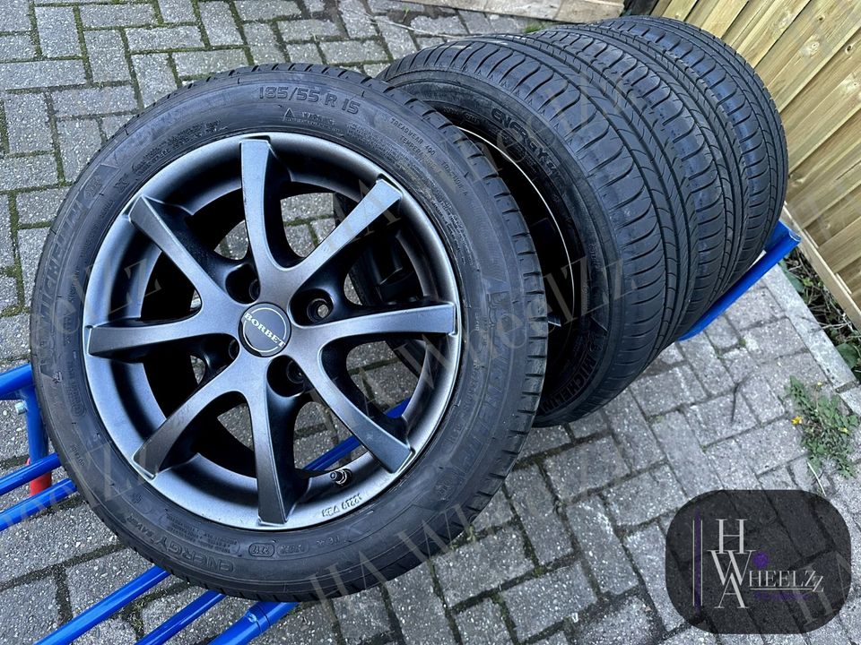 BORBET Alufelgen grau Sommerräder 4x100 ➡️ 185/55 R15 MICHELIN Sommerreifen ➡️ Hyundai Accent Getz i10 Kia Picanto JA Nissan Micra K12 K13 ➡️ Sommer Reifen Felgen ET35 in Bünde