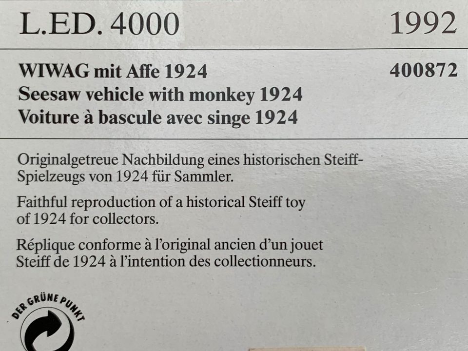 Steiff, WIWAG mit Affe 1924, Museum-Collection, Replika, NEU !!! in Karlsruhe