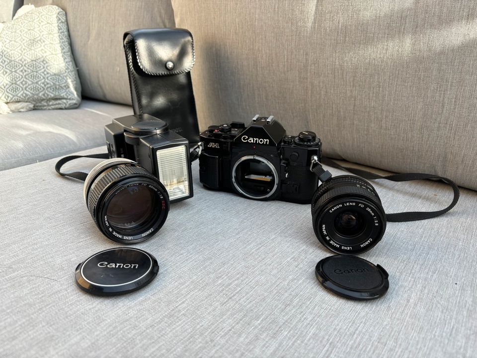 Spiegelreflex Kamera Canon A1 + FD 85mm 1:1,8 + FD 28mm 1:2,8 in Weiterstadt