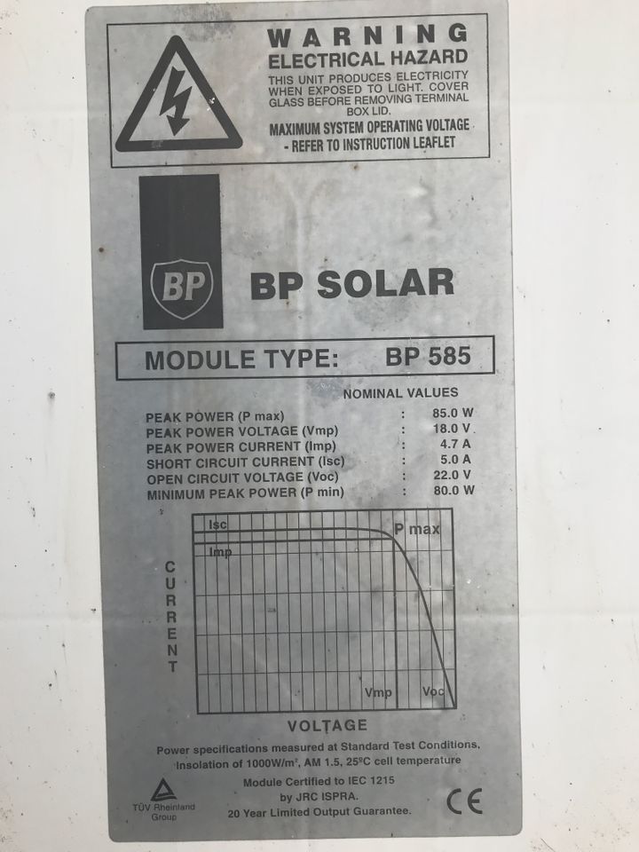 10 x PV-Module BP 585 (85Wp) monokristallin, incl. GAK, usw. in Hillerse