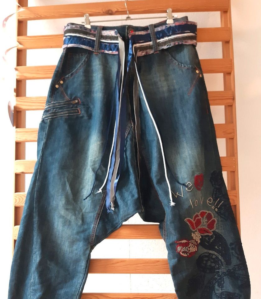 DESIGUAL Jeans Patchwork Haremshosen GÜRTEL Kordeln Glitzer XL in Nusse