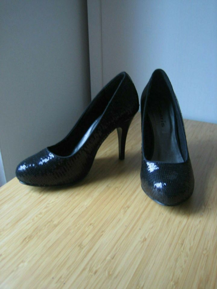 Tamaris Pumps Gr 38 schwarz Pailletten High Heels Glitzer Plateau in Kiel