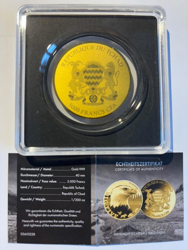 999-er Goldmünze BIG FIVE „Weiskopfseeadler“ Ø 40 mm  incl Etui in Langenfeld