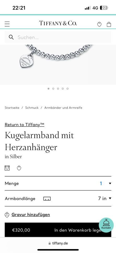 Tiffany Kugelarmband mit Herz Silber 17cm in Celle