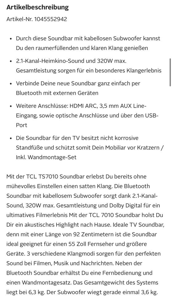 TCL TS7010 2.1 Soundbar in Merseburg