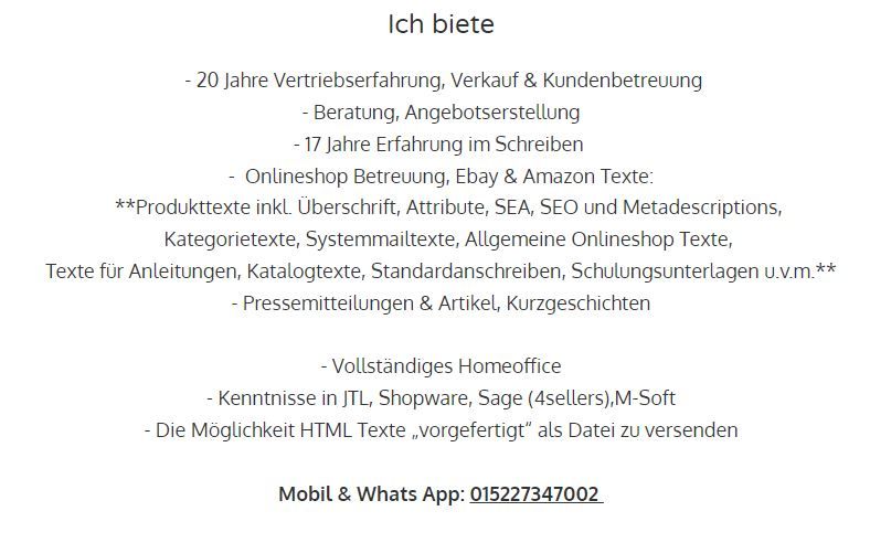 Vertrieb & Kundenservice, E-Commerce,Content,suche Büroarbeit in Treia