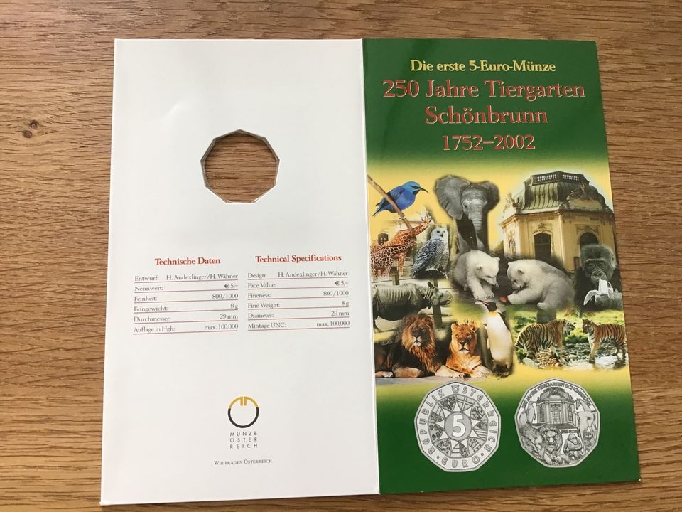 5 Euro Münze „250 Jahre Tiergarten Schönbrunn“ in Marxzell