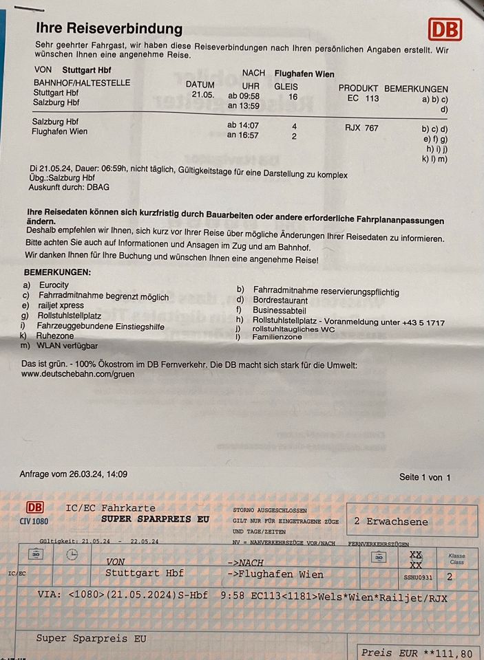 Zugticket von Stuttgart Hbf nach Flughafen Wien 110€ VB in Ötisheim