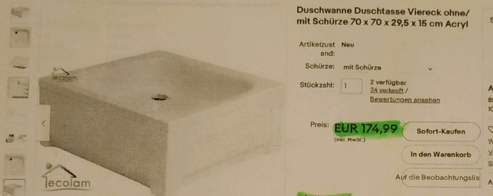 Duschwanne Neu 70 x 70 x 15 Markenware,inkl. Ständer u. Verblend. in Kirchhaslach