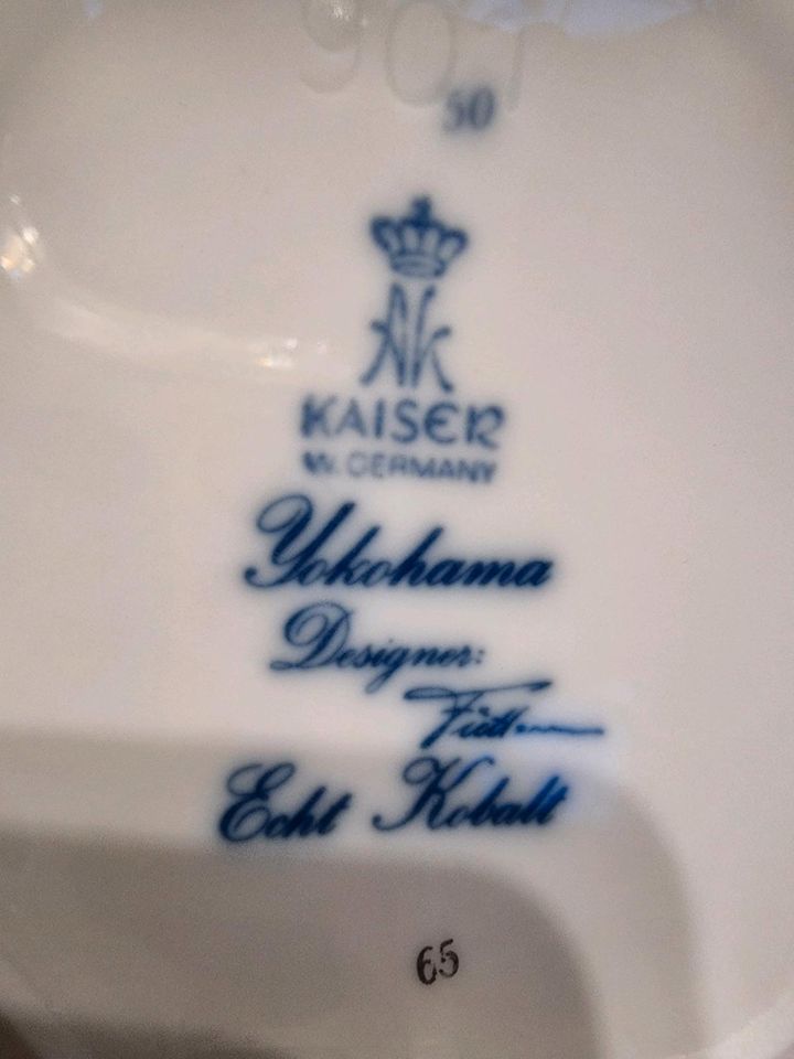3x Kaiser Yokohama Design Porzellan Set Vase Teller Pfau Kobalt in Hoppegarten