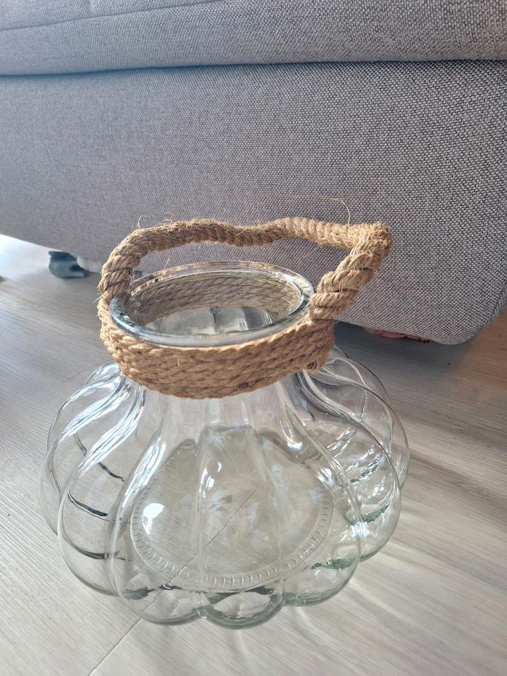 Maritimes Deko Glas Vase Windlicht mit Griff Seil in Pulheim