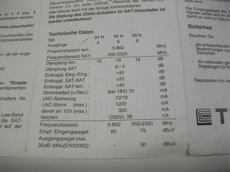 Sat Multischalter 9 in 8 out, unbenutzt in Tangstedt 