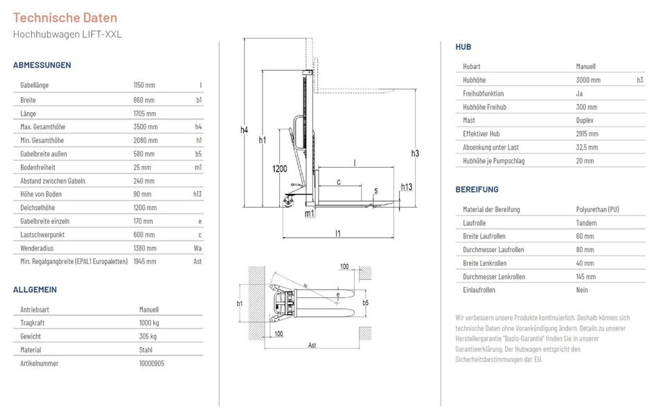 Manueller Hochhubwagen, Neu, Hubhöhe 3m, Ameise, Stapler in Emmendingen