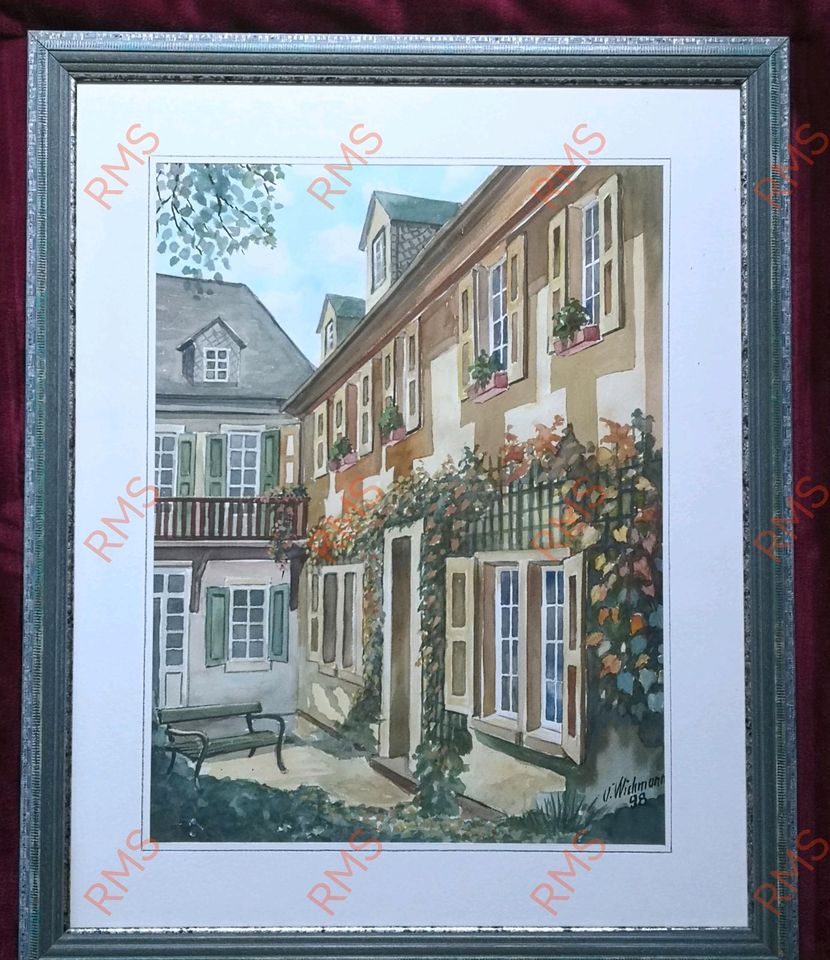 Großes Aquarell, Bürgerhäuser, Innenhof Idylle, Wichmann in Dassel