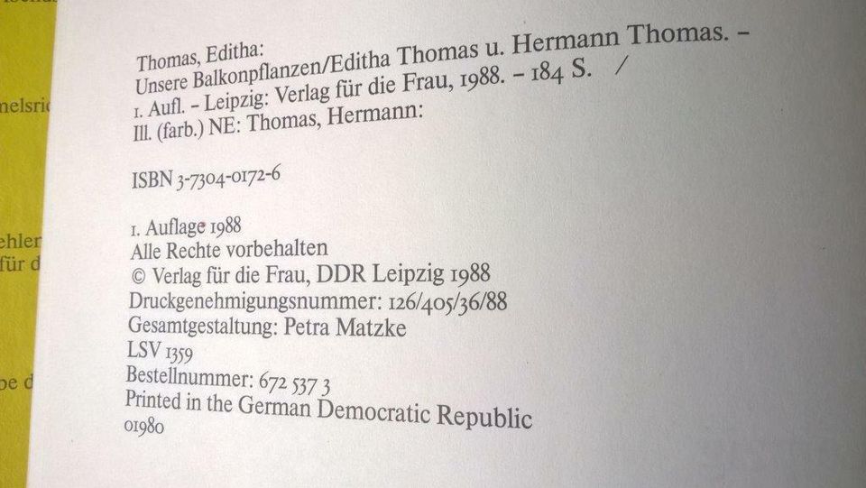 DDR Buch Unsere Balkonpflanzen, Verlag für die Frau 1988 in Leipzig