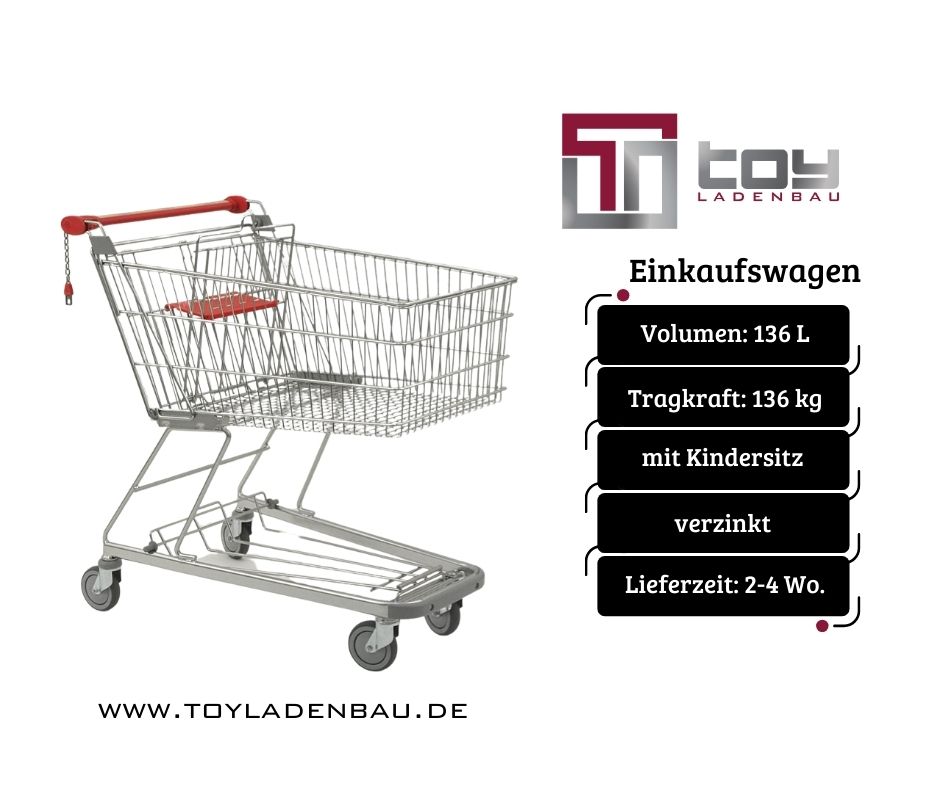 Einkaufswagen mit Kindersitz und Ablagefläche, Einkaufsroller, Einkaufsrollwagen, Marktroller, Supermarkteinrichtung, Korbvolumen 136 l, Tragkraft 136 kg, Gesamttragkraft 186 kg in Herne