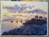 Aquarell Bild selbstgemalt Maße 28x38 * Sonnenuntergang Rostock - Evershagen Vorschau