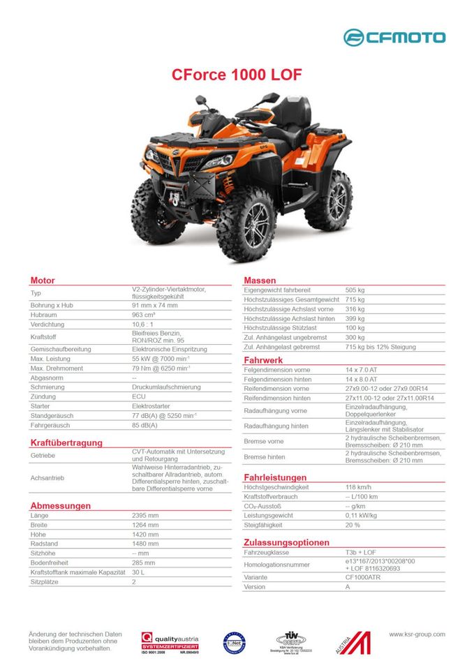 CFMOTO CForce 1000 V2 EFI 4×4 XL DLX ATV/Quad Grau/Camo/Orange in Wackersberg