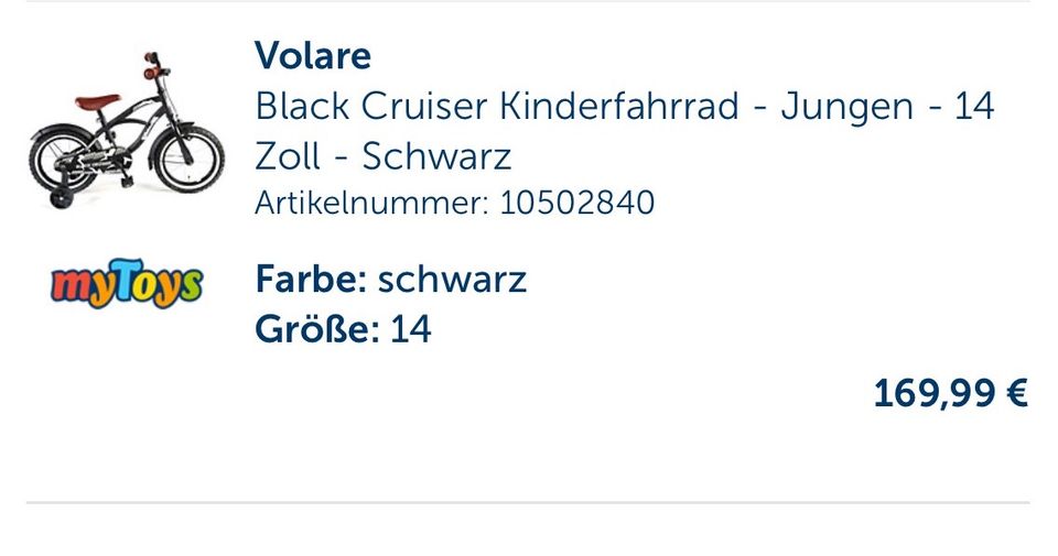 Volare Black Cruiser Kinderfahrrad - Jungen - 14 Zoll - Schwarz in Troisdorf