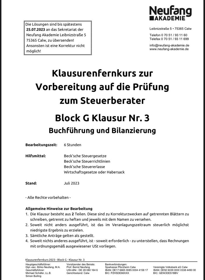 Steuerberaterprüfung. Neufang Klausurenfernkurs 2023 in Hamburg