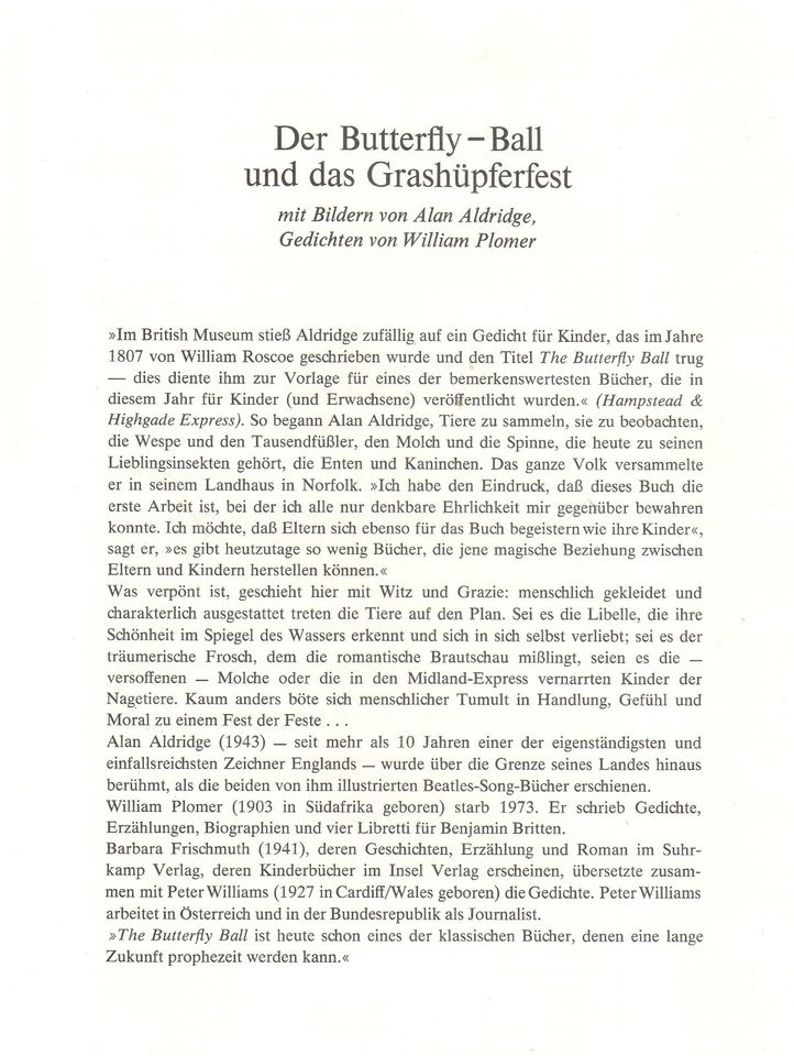 Bilderbuch Der Butterfly Ball und das Grashüpferfest Insel Verlag in Hamburg